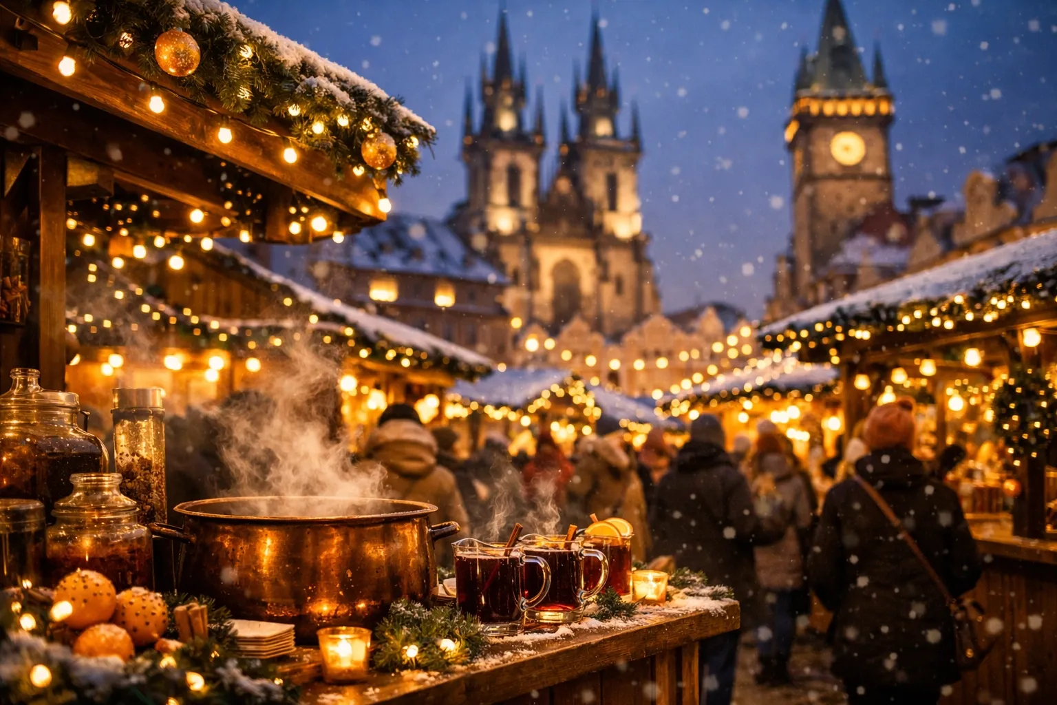 Festive European Christmas Market at night with warm lights and wooden stalls.
