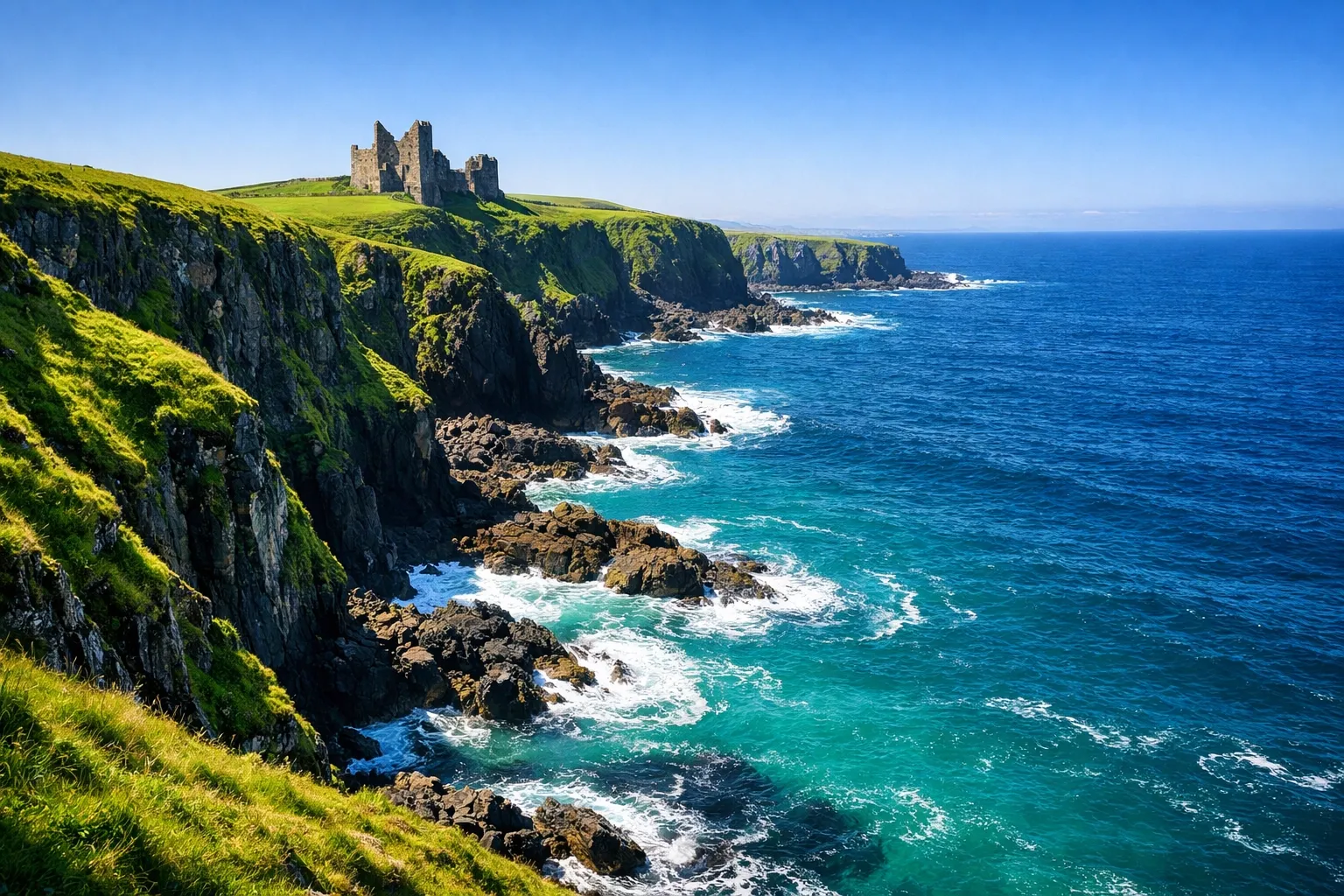Dramatic emerald green cliffs and ancient castle ruins along the Irish coast.
