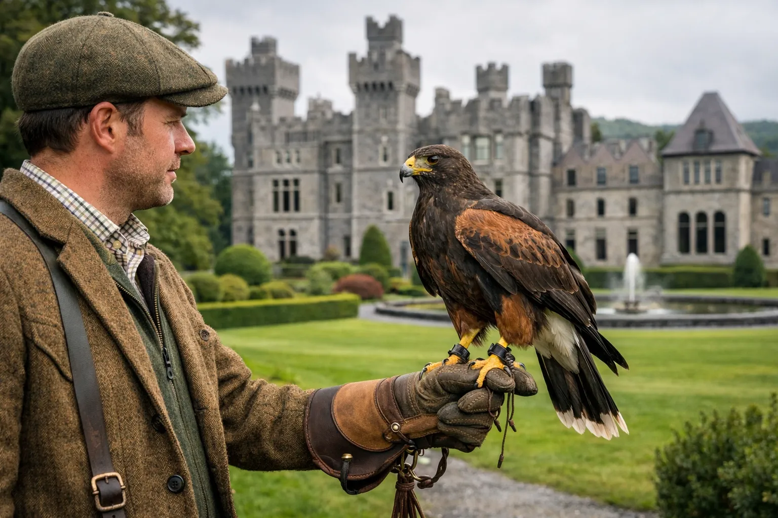 Falconry experience at a grand Irish castle estate with a handler holding a hawk.