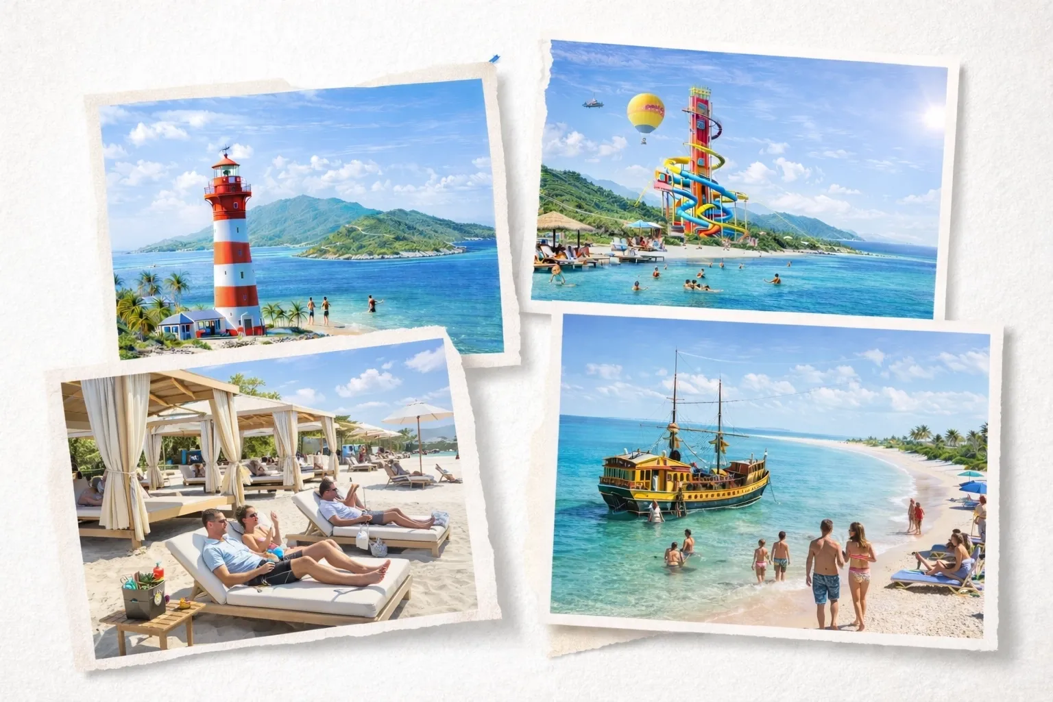 High-end asymmetrical layered editorial scrapbook collage on a clean light background (photorealistic overlapping “photo print” textures, organic non-uniform shapes, subtle shadows), lived-in and vibrant with people naturally enjoying the scene: Ocean Cay red-and-white lighthouse with swimmers/strollers, CocoCay colorful waterslides + balloon with families nearby, luxury beachside cabanas on white sand with couples relaxing, and Half Moon Cay pirate ship bar with groups laughing on a crescent beach, no text, 3:2.