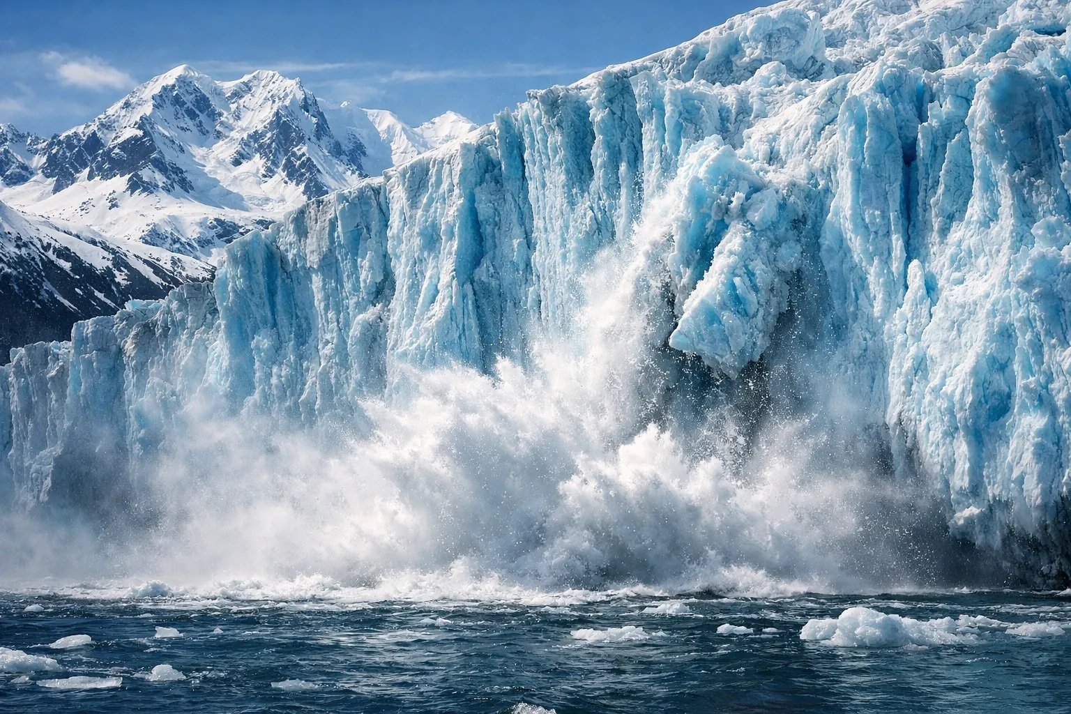 Massive blue glacier face calving into the ocean with mist and snowy mountains in the background, high-contrast vibrant Alaska photography, no text, 3:2.