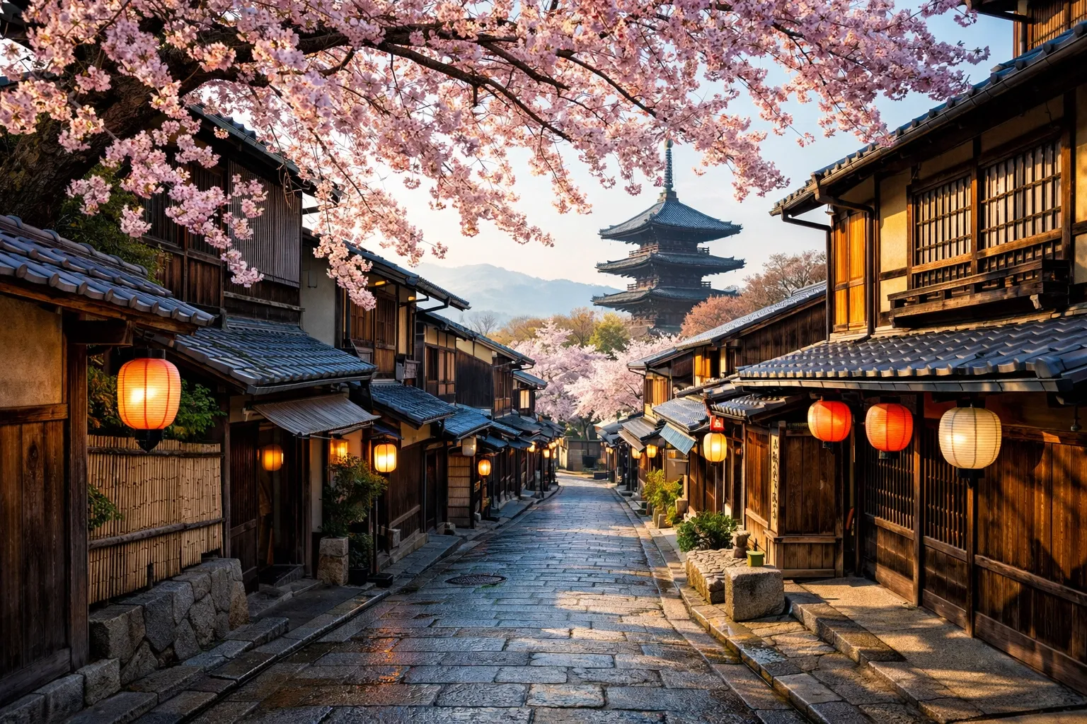 Traditional Kyoto street with cherry blossoms in bloom, warm lantern light, and classic wooden architecture