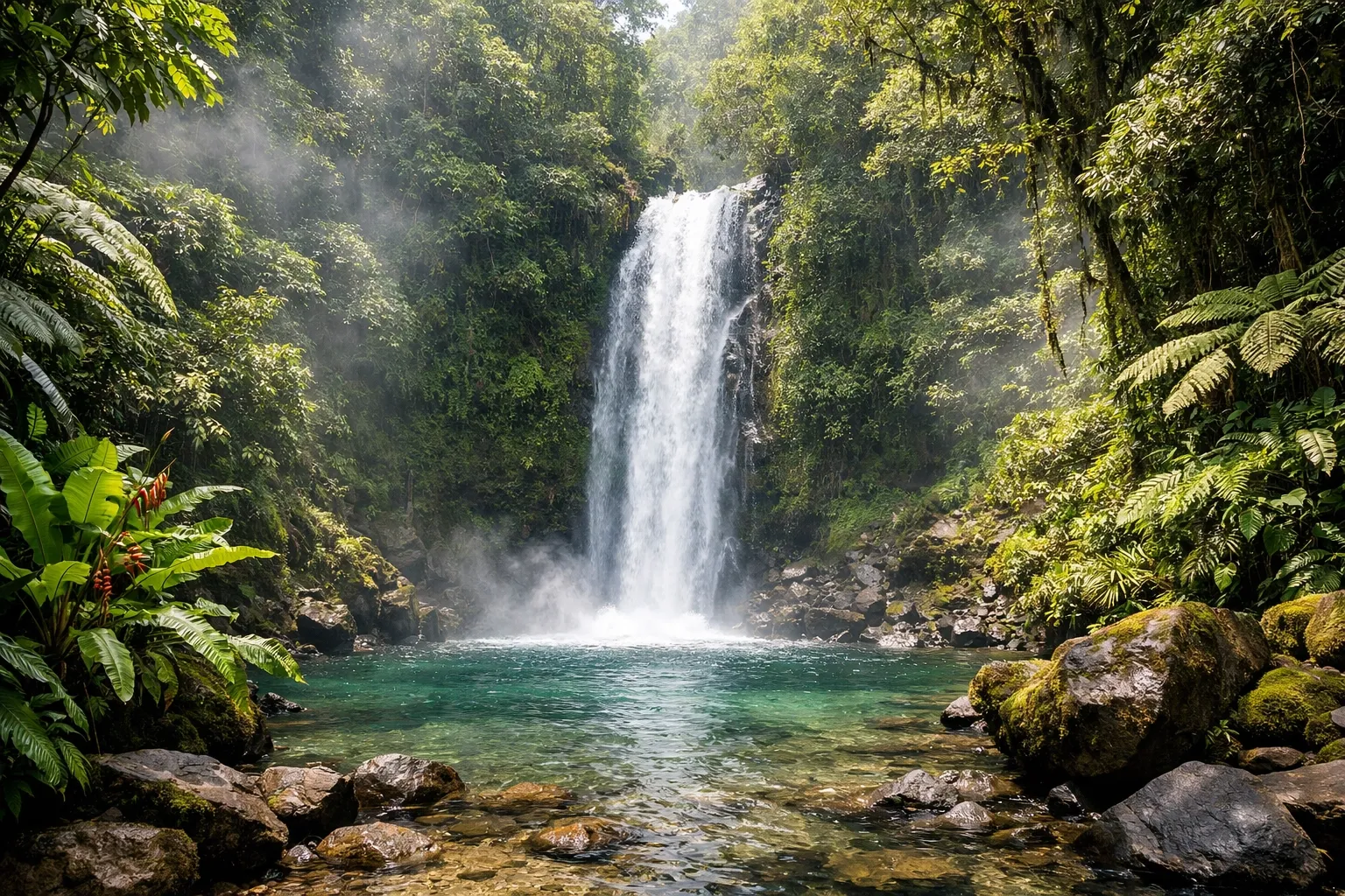 Lush Costa Rica rainforest waterfall with dense tropical greenery and a clear pool below