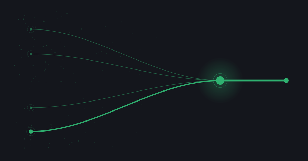 Three thin lines and one thick line converging into a single bright node, then continuing to the right as one line.