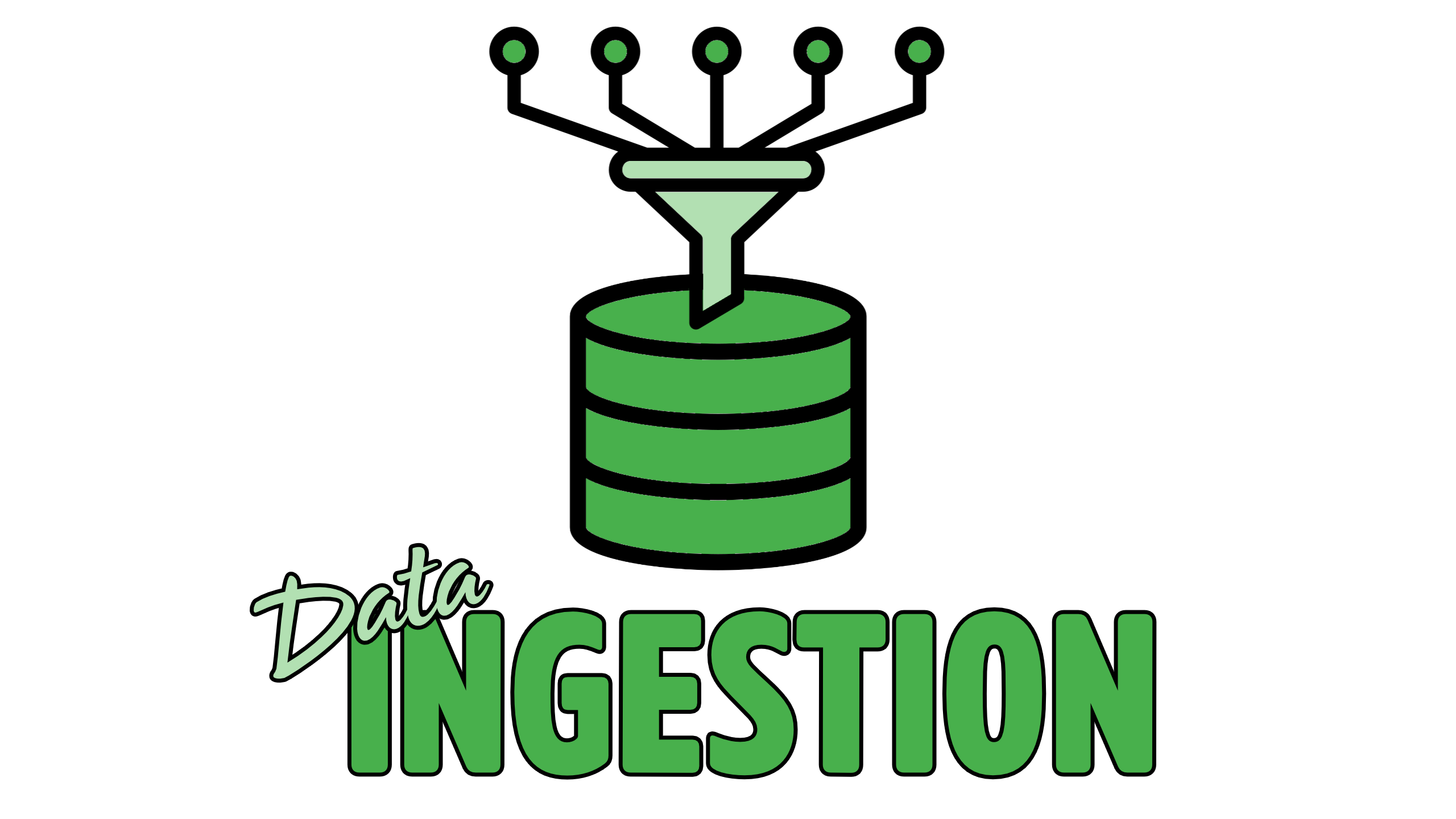 A picture showing a number of items connected by lines to a green funnel that leads to a representation of a database, with the words Data Ingestion underneath