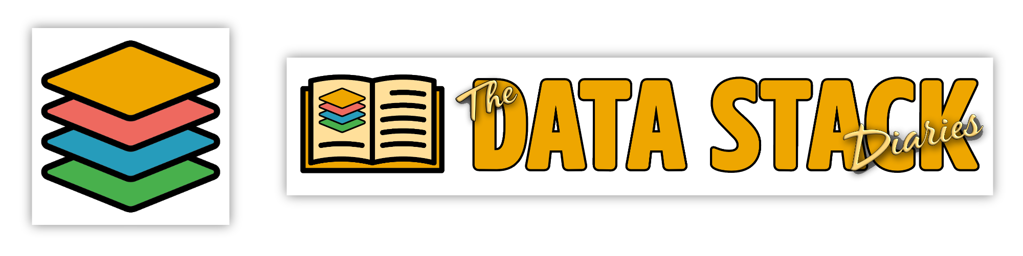 Image showing the two logos for the site. The first is a stack with 4 layers, each coloured a different colour. The second has the image of a book on the left with the words "The Data Stack Diaries" to the right.