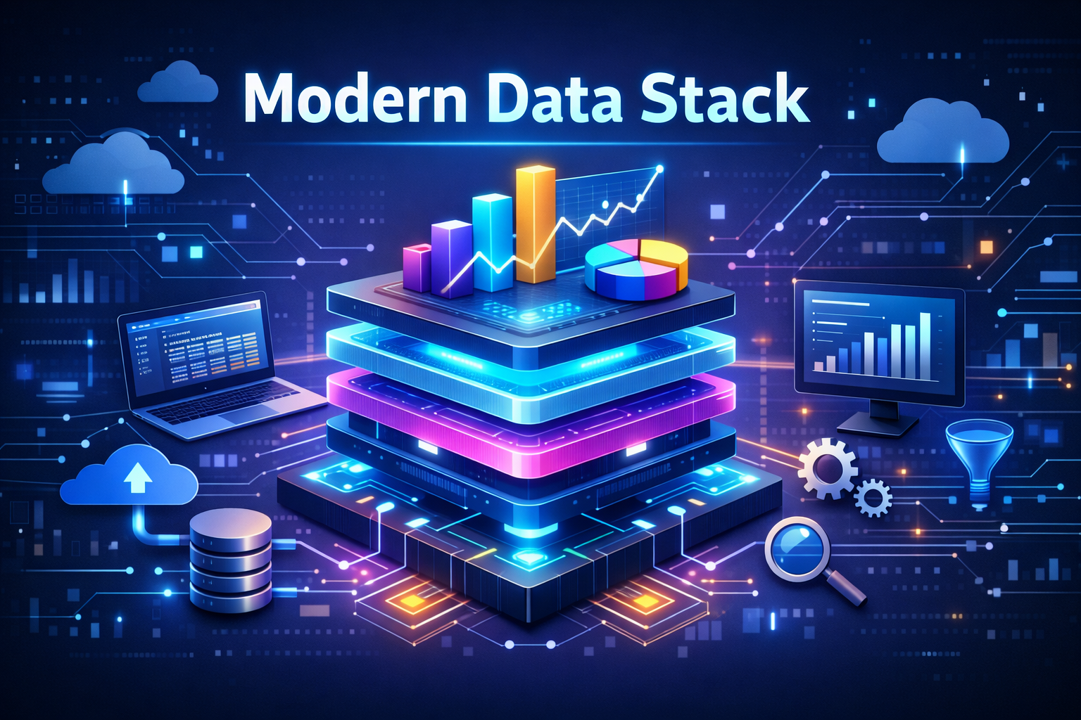 An image showing the components of a modern data stack as a set of layers reminiscent of a stack of computer chips with symbols for funnels, gears, disks, graphs and laptops.