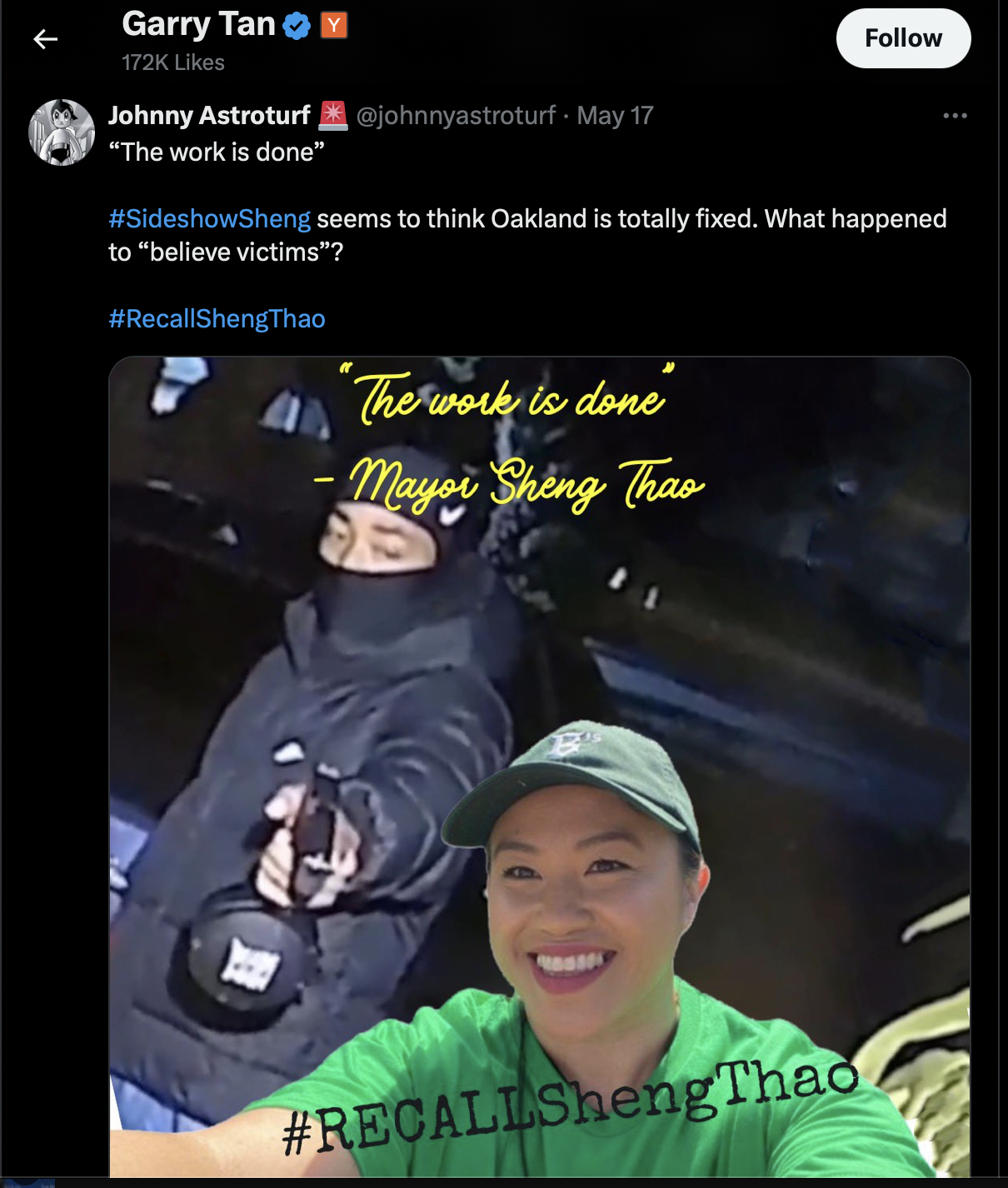 Troll tweet liked by Garry Tan, featuring image of a masked man pointing a gun at Oakland's Mayor