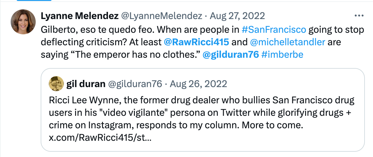 screenshot of tweet showing lyanne melendez defending Ricci Wynne