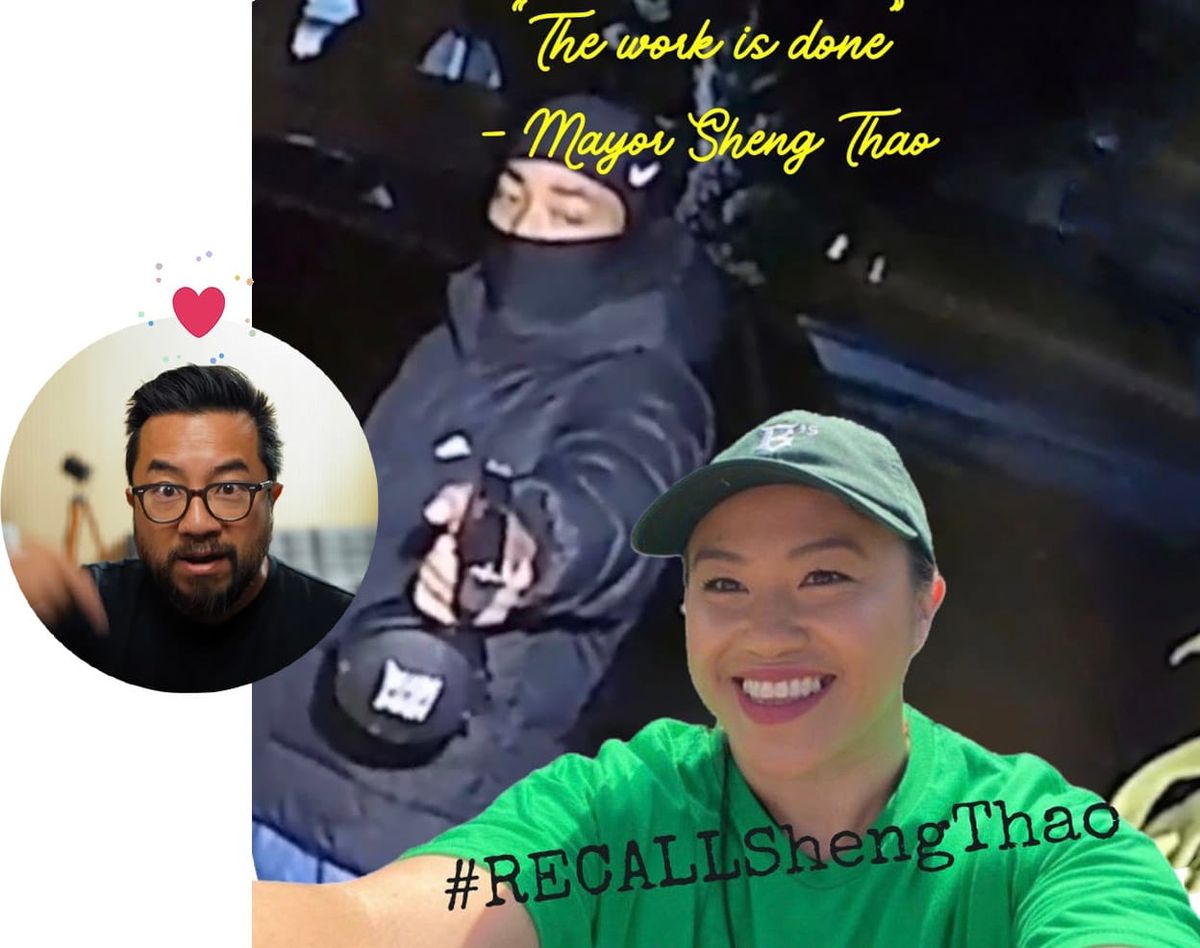 Graphic of Garry Tan liking a tweet that shows a masked man pointing a gun at Oakland Mayor Thao