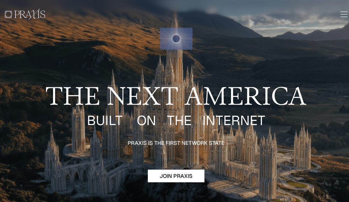 screenshot from an AI-generated image of Praxis, showing an high-tech cathedral with the Praxis flag atop it
