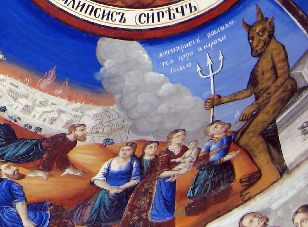 colorful fresco showing horned Antichrist with pitchfork, sitting on throne as people bow down.