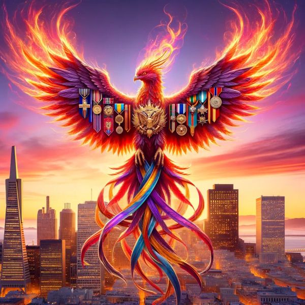 a Stolen Valor phoenix rising above the San Francisco skyline