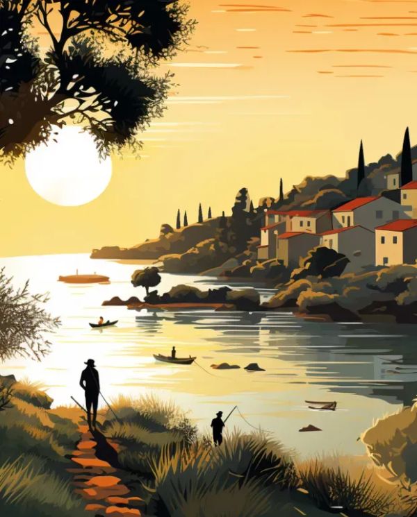 Photo illustration of the California Forever project featuring people fishing and boating at sunset