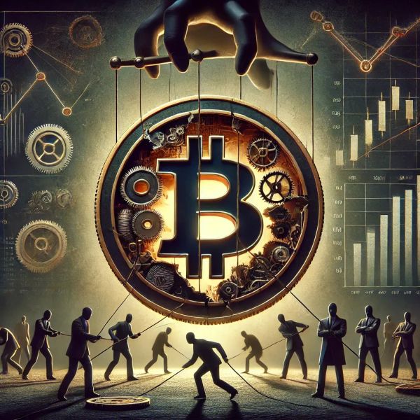 digital AI image of a Bitcoin symbol surrounded by shadowy men in suits doing weird things