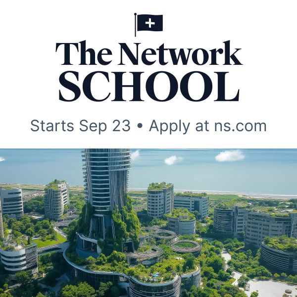 Network State school advertisement featuring futuristic buildings