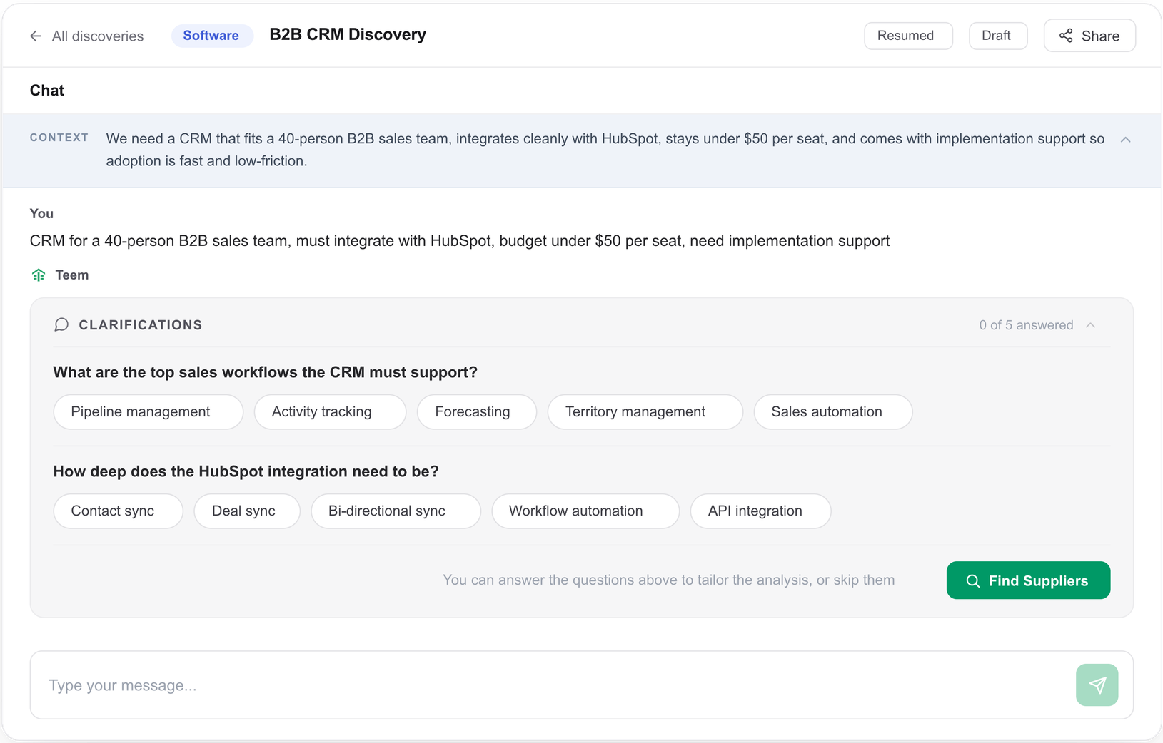 Screenshot of the B2B CRM Discovery chat interface in Teem. A context bar at the top summarizes the requirement: a CRM for a 40-person B2B sales team that integrates with HubSpot, stays under $50 per seat, and includes implementation support. A clarifications panel shows 0 of 5 answered, with two questions visible: "What are the top sales workflows the CRM must support?" with chip options including Pipeline management, Activity tracking, Forecasting, Territory management, and Sales automation; and "How deep does the HubSpot integration need to be?" with options including Contact sync, Deal sync, Bi-directional sync, Workflow automation, and API integration. A Find Suppliers button appears at the bottom right.