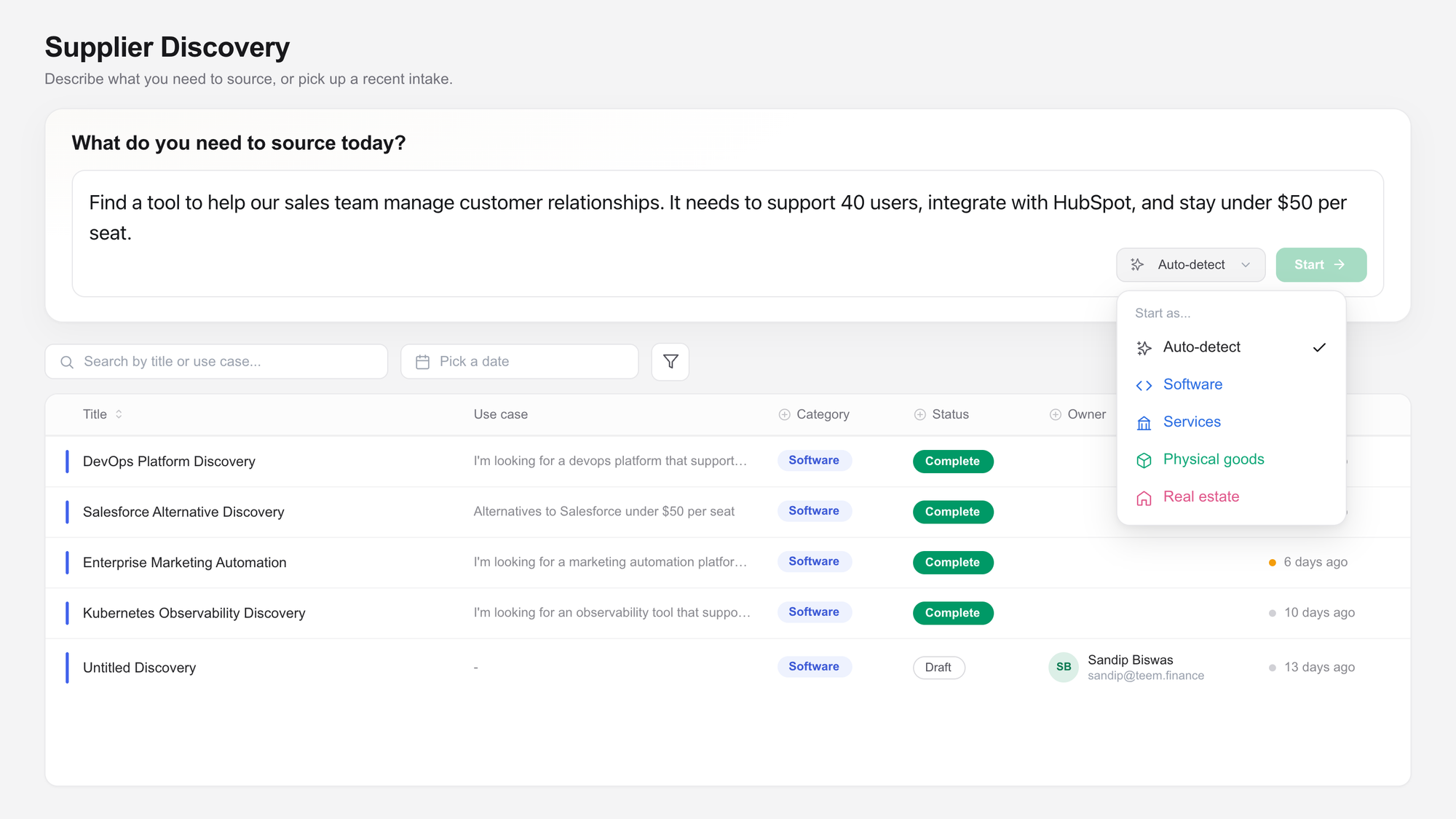 Screenshot of the Supplier Discovery V2 intake screen in Teem. A plain-language prompt fills the input field: "Find a tool to help our sales team manage customer relationships. It needs to support 40 users, integrate with HubSpot, and stay under $50 per seat." A category dropdown is open showing Auto-detect, Software, Services, Physical goods, and Real estate. Below, a table lists recent intakes including DevOps Platform Discovery, Salesforce Alternative Discovery, Enterprise Marketing Automation, Kubernetes Observability Discovery, and an Untitled Discovery in Draft status.