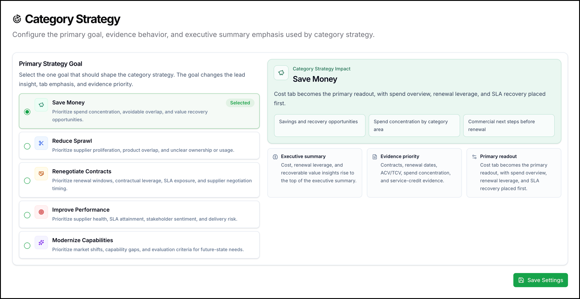 Category Strategy settings screen in Teem showing five strategy goal options. Save Money is selected; the right panel shows its impact — Cost tab becomes the primary readout, with savings opportunities, spend concentration, and commercial next steps surfaced first.
