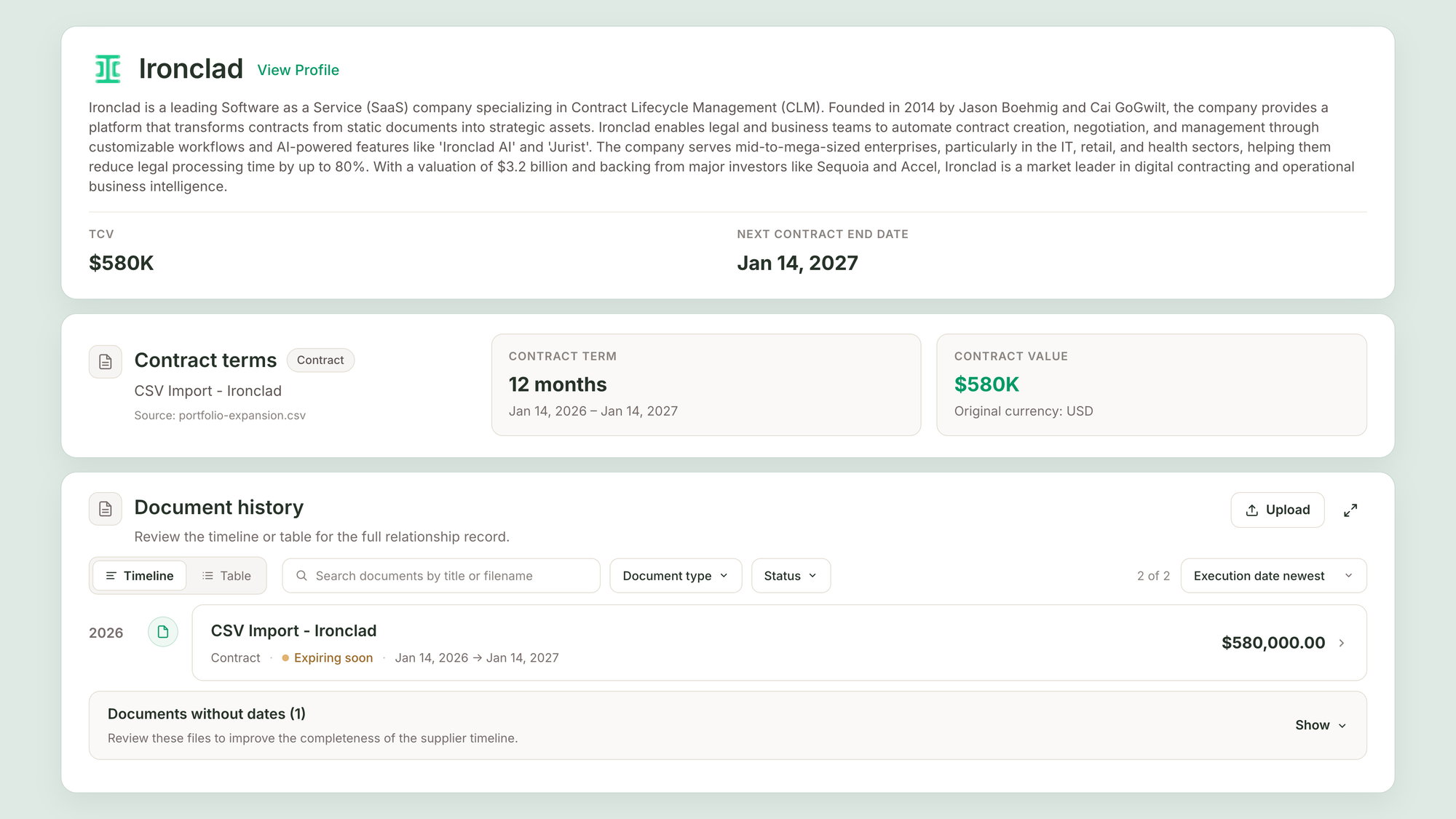 Ironclad renewal page showing supplier description, $580K TCV, Jan 14, 2027 end date, and contract terms with a 12-month term