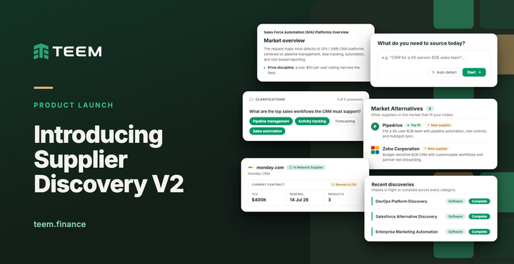 Launch cover for Supplier Discovery V2 by Teem. Teem logo on dark green background with UI screenshots showing the intake prompt, clarifications, contracts, and market alternatives.