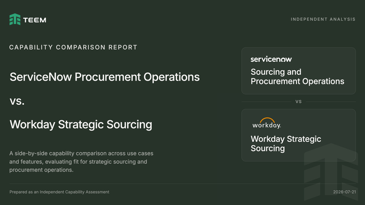 Cover for a Teem capability comparison report titled ServiceNow Procurement Operations versus Workday Strategic Sourcing, showing the ServiceNow and Workday logos.