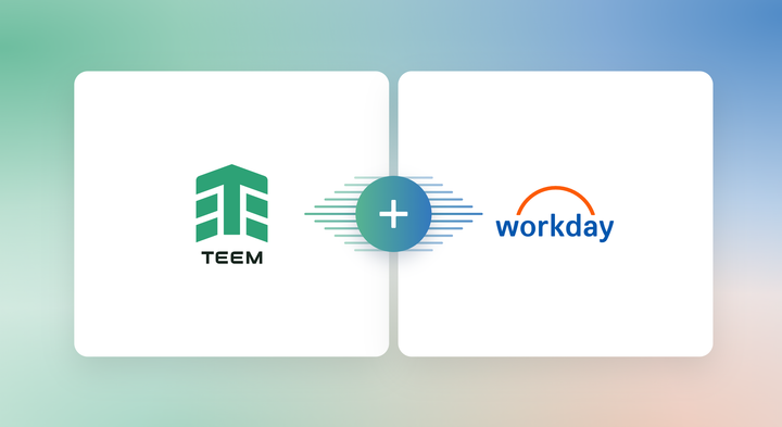 Teem and Workday partnership poster: the green Teem mark and the Workday wordmark side by side in white cards, joined by a plus sign