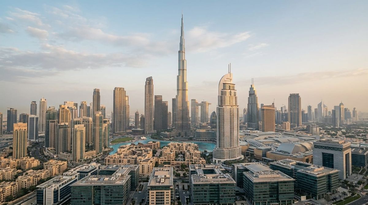 Aerial view of modern Dubai business towers representing the UAE's free zones