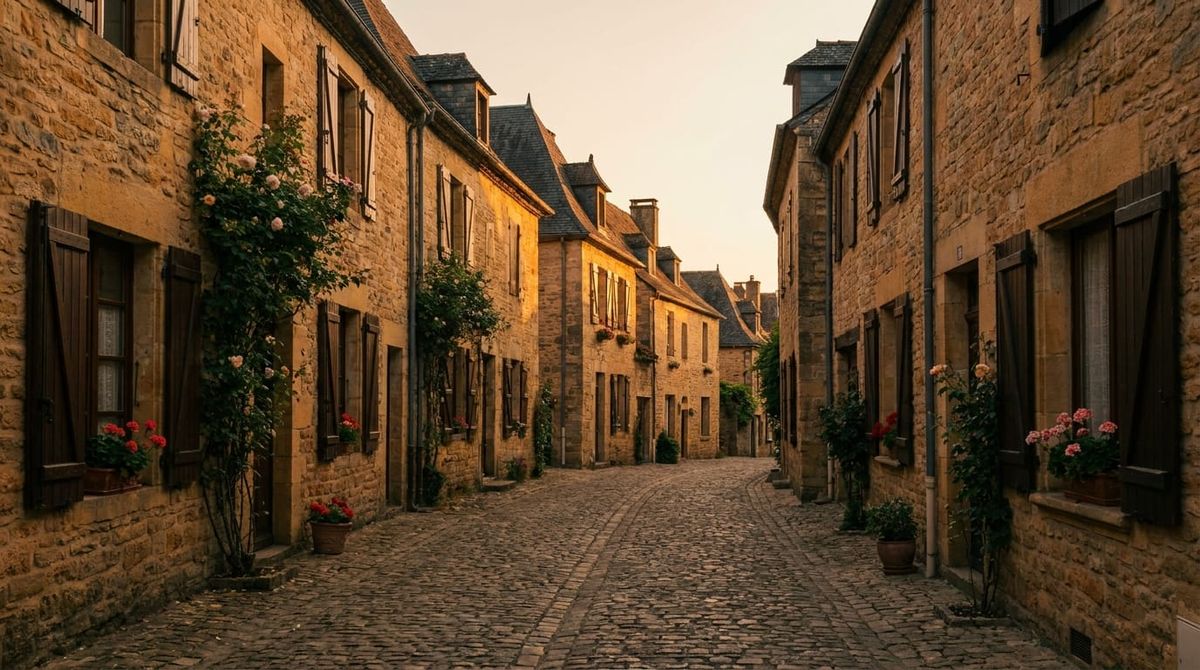 A sunlit historic European village street at golden hour, representing citizenship by descent through ancestry