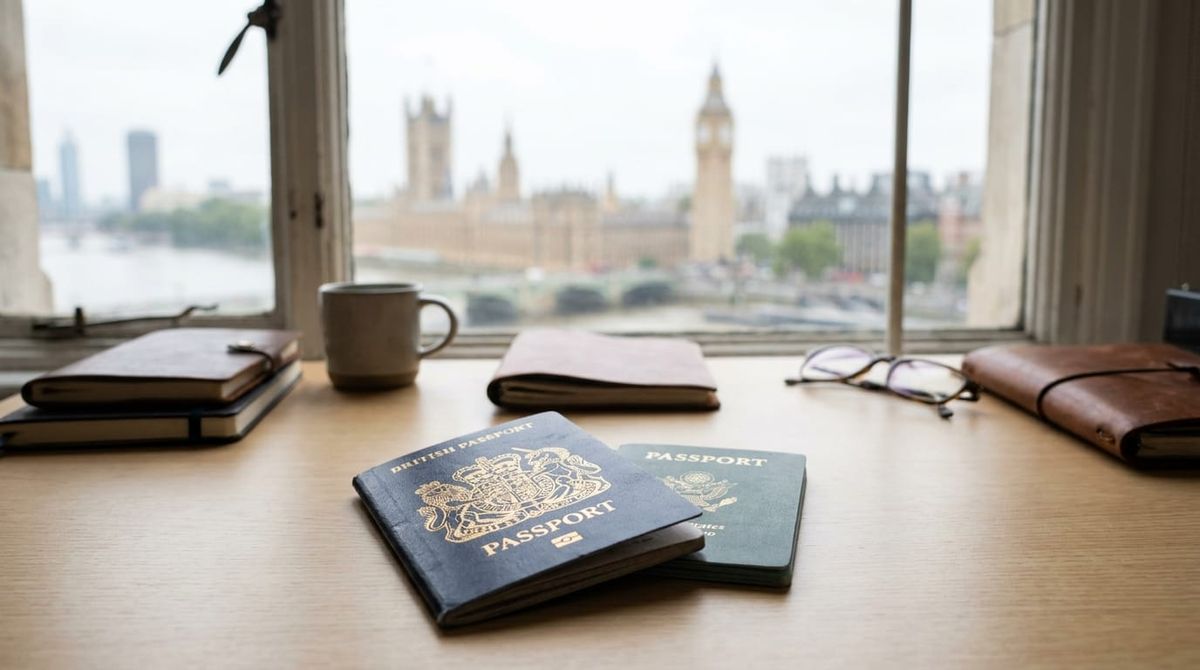 A British passport beside a second passport on a desk with the London skyline beyond