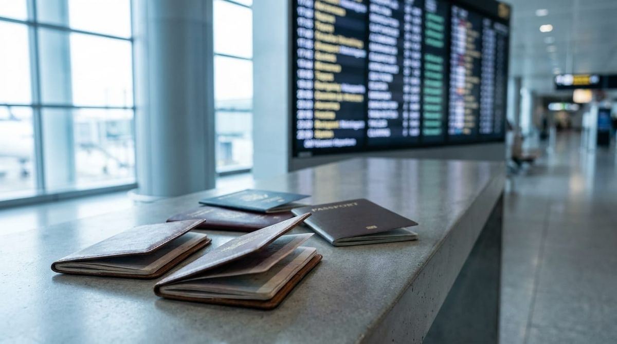 Passports from several countries beside an airport departure board, representing global mobility rankings