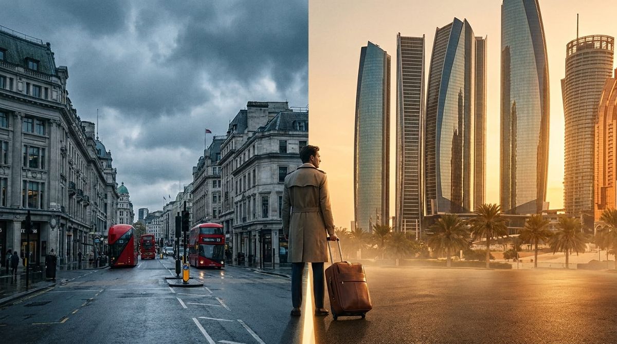 A professional with a suitcase between a grey London skyline and a sunlit Dubai skyline