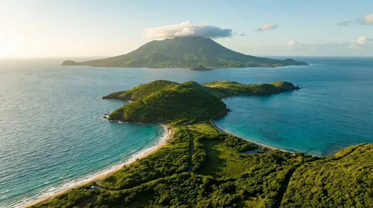 Aerial view of the St Kitts southeast peninsula with Nevis island beyond