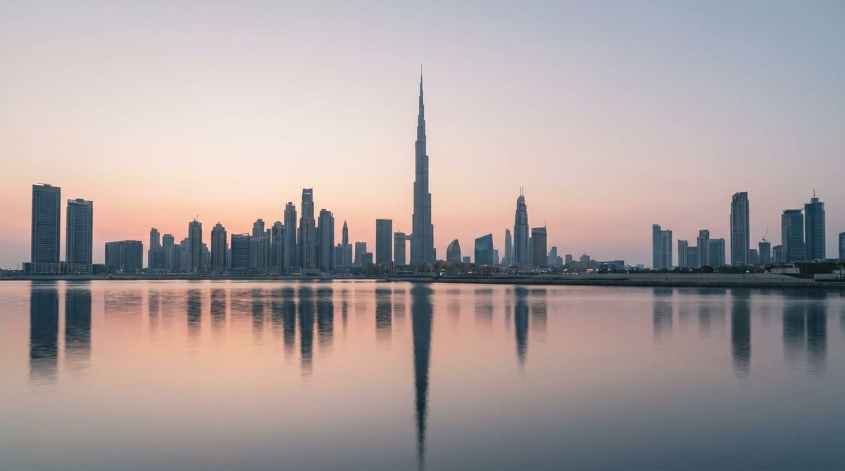 The Dubai skyline at dawn, calm and clear, representing an Australian founder setting up a Dubai company