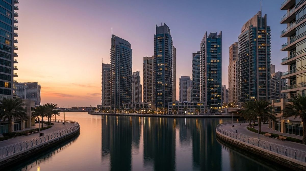 Dubai Marina modern towers at dusk, representing a French founder setting up a Dubai company