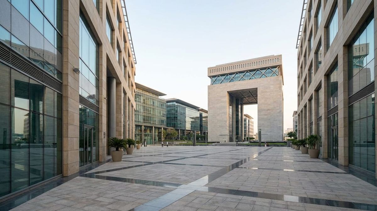 The Dubai International Financial Centre plaza in morning light, representing a Dutch founder setting up a Dubai company