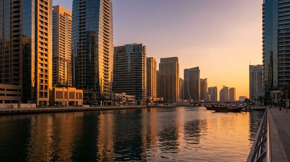 The Dubai waterfront business district at sunset, representing a Portuguese founder setting up a Dubai company
