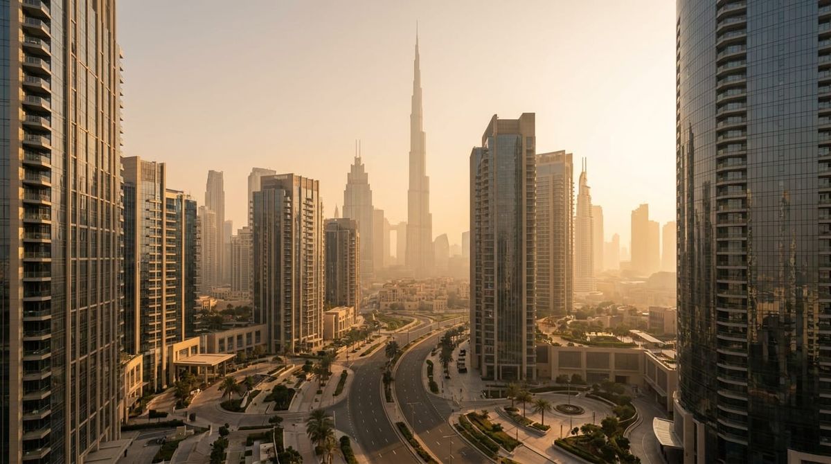 Downtown Dubai and the Burj Khalifa on a warm afternoon, representing a Spanish founder setting up a Dubai company