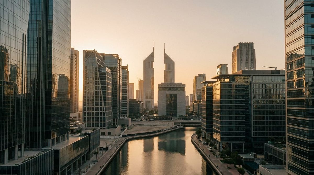 Dubai financial district skyline at golden hour, representing UAE corporate tax in 2026
