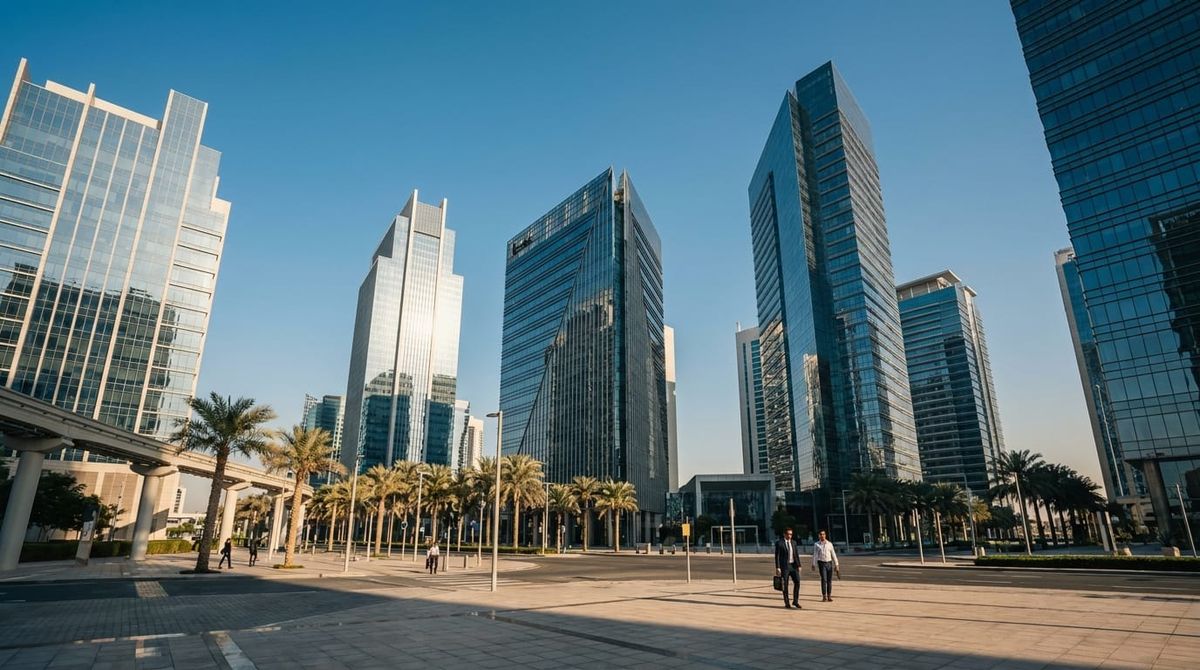 A UAE free-zone business district of sleek glass office towers where the 0% qualifying income rules apply