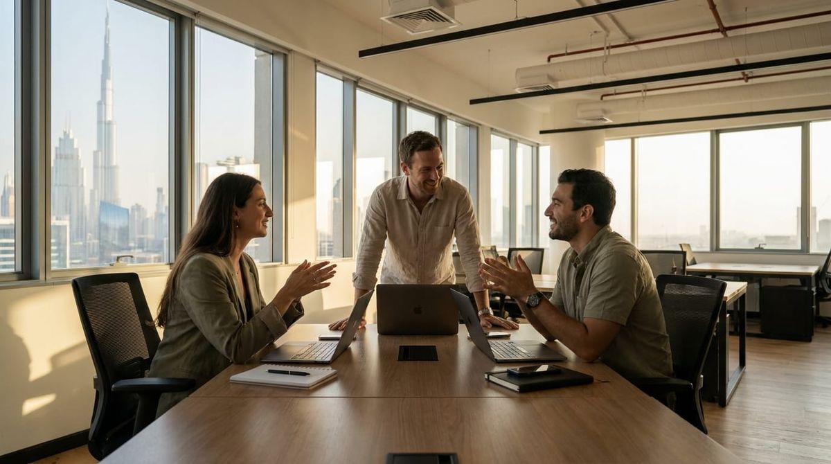 A small business team in a bright modern Dubai office, the audience for UAE Small Business Relief