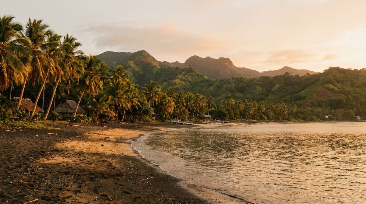 A Vanuatu Pacific island coastline at golden hour, representing Vanuatu citizenship by investment