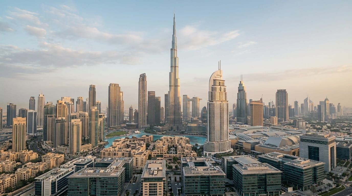Aerial view of modern Dubai business towers representing the UAE's free zones