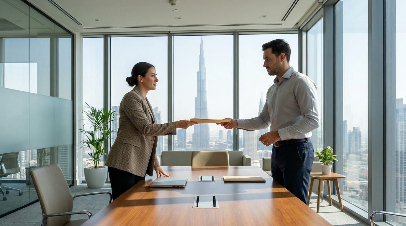 An advisor handing a UAE Golden Visa folder to a client in a Dubai office