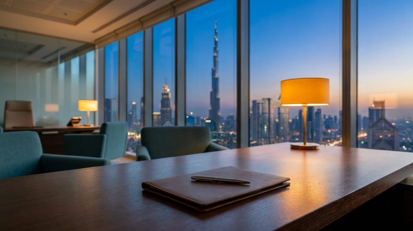 The Dubai skyline with the Burj Khalifa seen from a modern office, representing company formation in Dubai