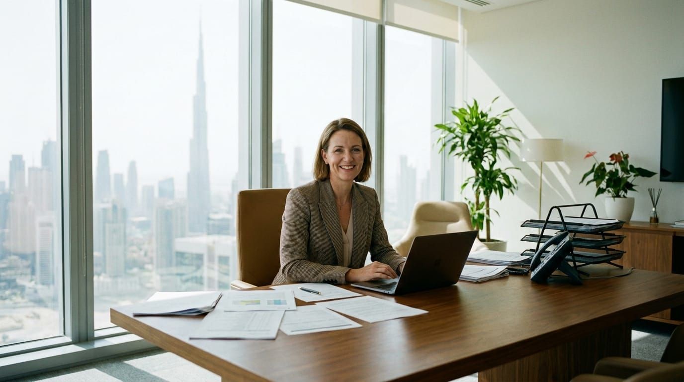 A business owner registering for UAE corporate tax on a laptop in a Dubai office