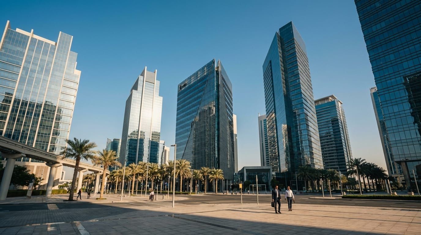 A UAE free-zone business district of sleek glass office towers where the 0% qualifying income rules apply
