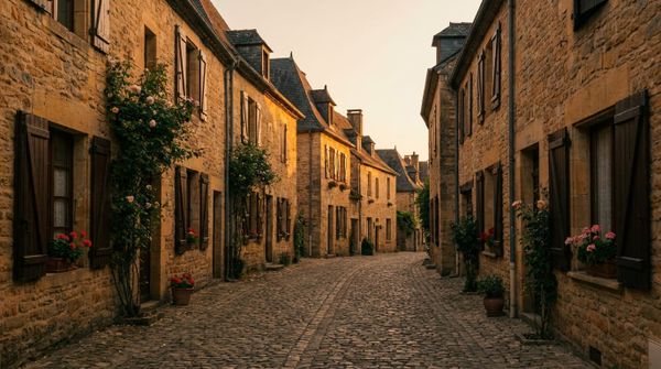 A sunlit historic European village street at golden hour, representing citizenship by descent through ancestry