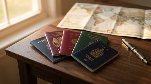 A neat fan of several different passports on a dark desk beside a world map, representing second citizenship and global mobil