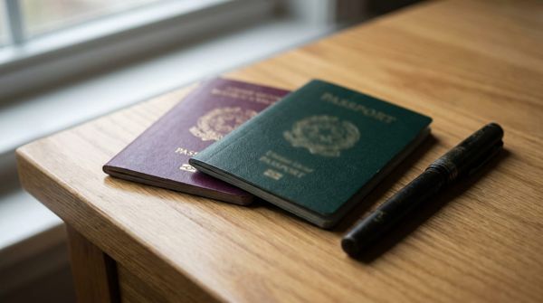 Two closed passports resting on a wooden desk beside a pen, representing the trade-offs of dual citizenship